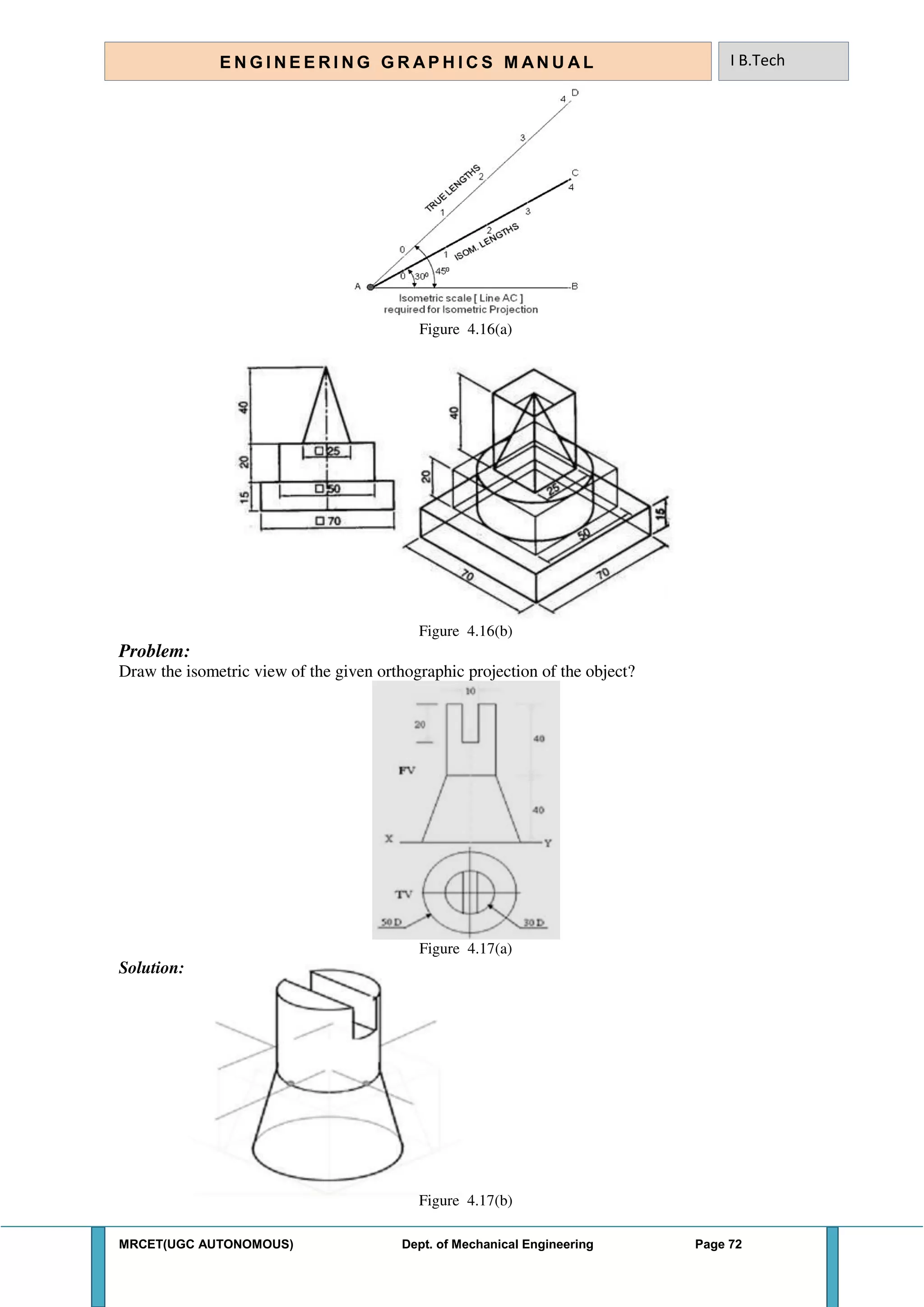 MRCET(UGC AUTONOMOUS) Dept. of Mechanical Engineering Page 72
E N G I N E E R I N G G R A P H I C S M AN U A L I B.Tech
Figure 4.16(a)
Figure 4.16(b)
Problem:
Draw the isometric view of the given orthographic projection of the object?
Figure 4.17(a)
Solution:
Figure 4.17(b)
 