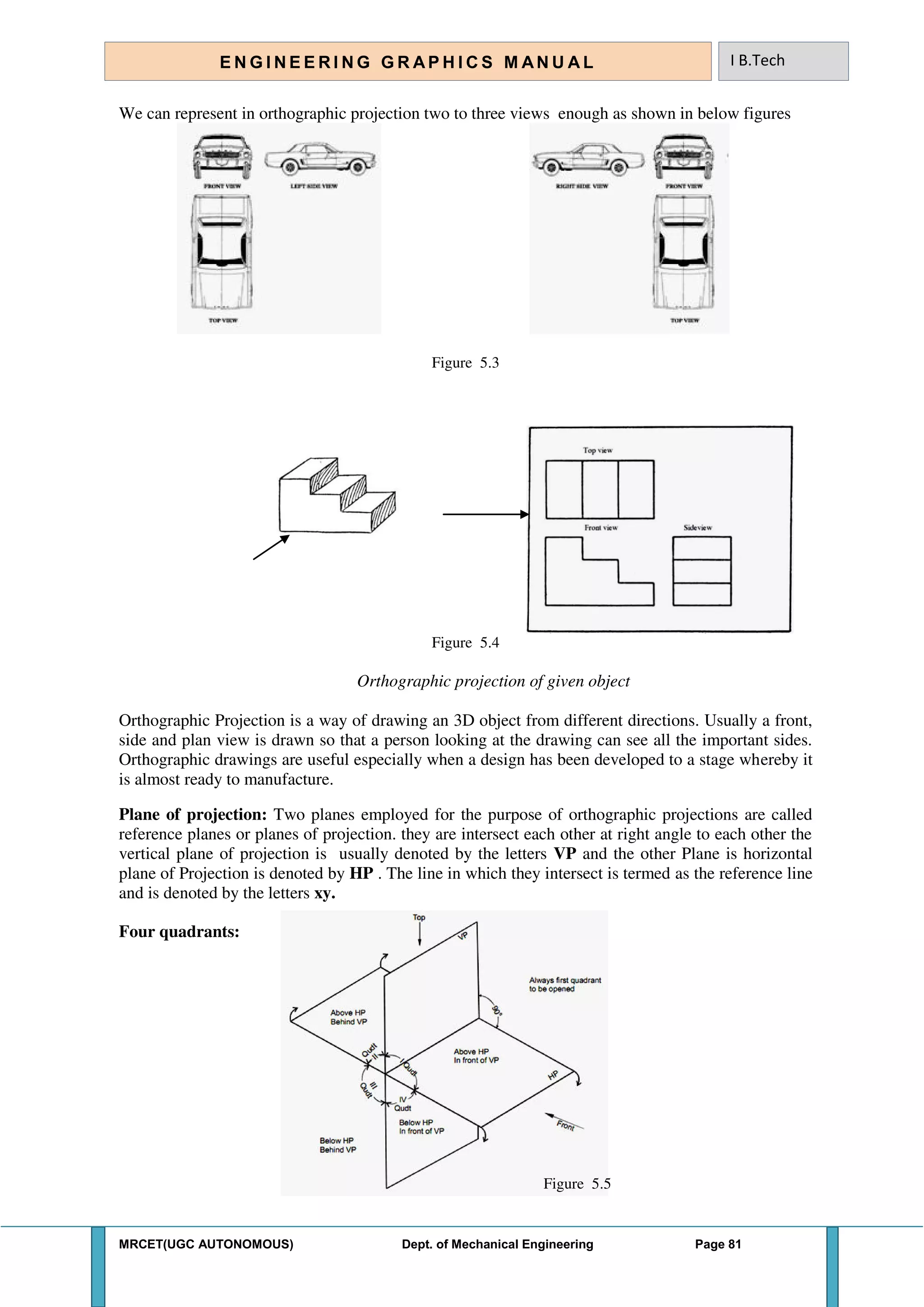 MRCET(UGC AUTONOMOUS) Dept. of Mechanical Engineering Page 81
E N G I N E E R I N G G R A P H I C S M AN U A L I B.Tech
We can represent in orthographic projection two to three views enough as shown in below figures
Figure 5.3
Figure 5.4
Orthographic projection of given object
Orthographic Projection is a way of drawing an 3D object from different directions. Usually a front,
side and plan view is drawn so that a person looking at the drawing can see all the important sides.
Orthographic drawings are useful especially when a design has been developed to a stage whereby it
is almost ready to manufacture.
Plane of projection: Two planes employed for the purpose of orthographic projections are called
reference planes or planes of projection. they are intersect each other at right angle to each other the
vertical plane of projection is usually denoted by the letters VP and the other Plane is horizontal
plane of Projection is denoted by HP . The line in which they intersect is termed as the reference line
and is denoted by the letters xy.
Four quadrants:
Figure 5.5
 