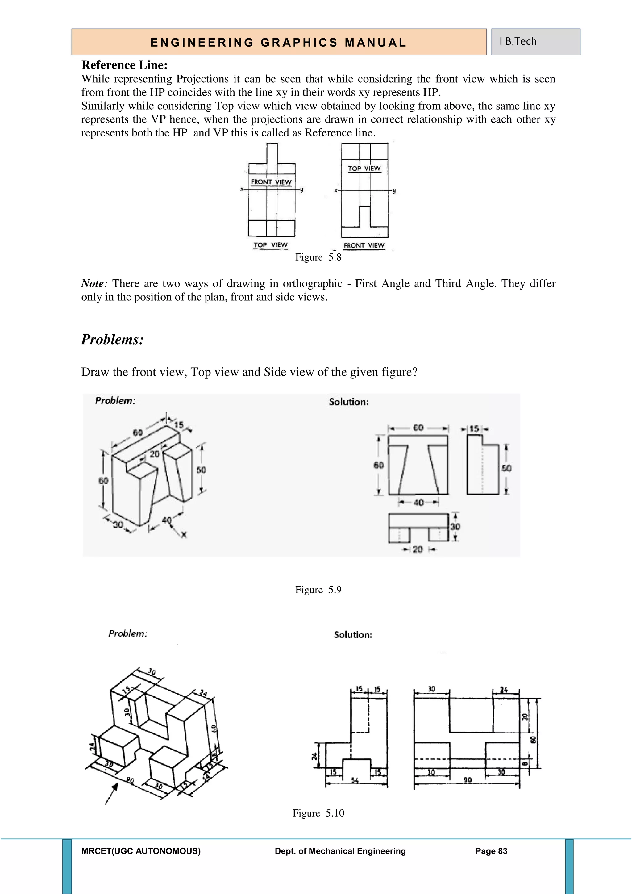 MRCET(UGC AUTONOMOUS) Dept. of Mechanical Engineering Page 83
E N G I N E E R I N G G R A P H I C S M AN U A L I B.Tech
Reference Line:
While representing Projections it can be seen that while considering the front view which is seen
from front the HP coincides with the line xy in their words xy represents HP.
Similarly while considering Top view which view obtained by looking from above, the same line xy
represents the VP hence, when the projections are drawn in correct relationship with each other xy
represents both the HP and VP this is called as Reference line.
Figure 5.8
Note: There are two ways of drawing in orthographic - First Angle and Third Angle. They differ
only in the position of the plan, front and side views.
Problems:
Draw the front view, Top view and Side view of the given figure?
Figure 5.9
Figure 5.10
 