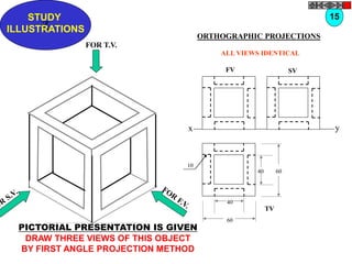 x y
FV SV
Z
STUDY
ILLUSTRATIONS
TV
10
40 60
60
40
ALL VIEWS IDENTICAL
FOR T.V.
PICTORIAL PRESENTATION IS GIVEN
DRAW THREE VIEWS OF THIS OBJECT
BY FIRST ANGLE PROJECTION METHOD
15
ORTHOGRAPHIC PROJECTIONS
 