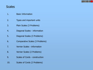 Scales
1. Basic Information
2. Types and important units
3. Plain Scales (3 Problems)
4. Diagonal Scales - information
5. Diagonal Scales (3 Problems)
6. Comparative Scales (3 Problems)
7. Vernier Scales - information
8. Vernier Scales (2 Problems)
9. Scales of Cords - construction
10. Scales of Cords (2 Problems)
 