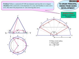 h
a
b
c
d
g
f
e
o’
a’ b’ d’
c’ g’ f’
h’ e’
X Y
A
B
C
D
E
F
G
H
A
O L
 = R
L
3600
R=Base circle radius.
L=Slant height.

1’
2’ 3’
4’
5’
6’
7’
1
2
3
4
5
6
7
Problem 7:Draw a semicircle 0f 100 mm diameter and inscribe in it a largest
rhombus.If the semicircle is development of a cone and rhombus is some curve
on it, then draw the projections of cone showing that curve.
TO DRAW PRINCIPAL
VIEWS FROM GIVEN
DEVELOPMENT.
Solution Steps:
Similar to previous
Problem:
 