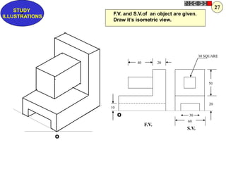 40 20
30 SQUARE
20
50
60
30
10
F.V.
S.V.
O
O
F.V. and S.V.of an object are given.
Draw it’s isometric view.
Z
STUDY
ILLUSTRATIONS
27
 