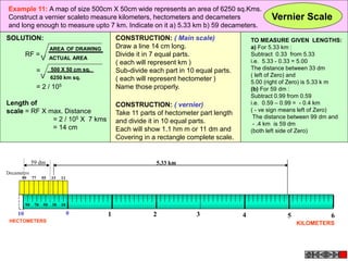 Example 11: A map of size 500cm X 50cm wide represents an area of 6250 sq.Kms.
Construct a vernier scaleto measure kilometers, hectometers and decameters
and long enough to measure upto 7 km. Indicate on it a) 5.33 km b) 59 decameters.
Vernier Scale
SOLUTION:
RF =
=
= 2 / 105
Length of
scale = RF X max. Distance
= 2 / 105 X 7 kms
= 14 cm
AREA OF DRAWING
ACTUAL AREA
V
500 X 50 cm sq.
6250 km sq.
V
CONSTRUCTION: ( vernier)
Take 11 parts of hectometer part length
and divide it in 10 equal parts.
Each will show 1.1 hm m or 11 dm and
Covering in a rectangle complete scale.
CONSTRUCTION: ( Main scale)
Draw a line 14 cm long.
Divide it in 7 equal parts.
( each will represent km )
Sub-divide each part in 10 equal parts.
( each will represent hectometer )
Name those properly.
KILOMETERS
HECTOMETERS
0 1 2 3
10 4 5 6
90 70 50 30 10
99 77 55 33 11
Decameters
TO MEASURE GIVEN LENGTHS:
a) For 5.33 km :
Subtract 0.33 from 5.33
i.e. 5.33 - 0.33 = 5.00
The distance between 33 dm
( left of Zero) and
5.00 (right of Zero) is 5.33 k m
(b) For 59 dm :
Subtract 0.99 from 0.59
i.e. 0.59 – 0.99 = - 0.4 km
( - ve sign means left of Zero)
The distance between 99 dm and
- .4 km is 59 dm
(both left side of Zero)
5.33 km
59 dm
 