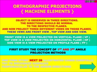 ORTHOGRAPHIC PROJECTIONS
{ MACHINE ELEMENTS }
OBJECT IS OBSERVED IN THREE DIRECTIONS.
THE DIRECTIONS SHOULD BE NORMAL
TO THE RESPECTIVE PLANES.
AND NOW PROJECT THREE DIFFERENT VIEWS ON THOSE PLANES.
THESE VEWS ARE FRONT VIEW , TOP VIEW AND SIDE VIEW.
FRONT VIEW IS A VIEW PROJECTED ON VERTICAL PLANE ( VP )
TOP VIEW IS A VIEW PROJECTED ON HORIZONTAL PLANE ( HP )
SIDE VIEW IS A VIEW PROJECTED ON PROFILE PLANE ( PP )
AND THEN STUDY NEXT 26 ILLUSTRATED CASES CAREFULLY.
TRY TO RECOGNIZE SURFACES
PERPENDICULAR TO THE ARROW DIRECTIONS
FIRST STUDY THE CONCEPT OF 1ST AND 3RD ANGLE
PROJECTION METHODS
 
