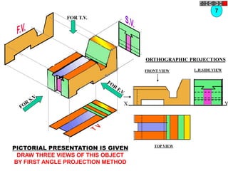 FRONT VIEW
TOP VIEW
L.H.SIDE VIEW
X Y
FOR T.V.
ORTHOGRAPHIC PROJECTIONS
7
PICTORIAL PRESENTATION IS GIVEN
DRAW THREE VIEWS OF THIS OBJECT
BY FIRST ANGLE PROJECTION METHOD
 