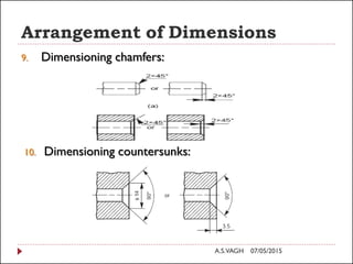 Arrangement of Dimensions
9. Dimensioning chamfers:
10. Dimensioning countersunks:
07/05/2015A.S.VAGH
 