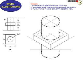 Z
STUDY
ILLUSTRATIONS
50
50
30 D
30
10
30
+
FV
TV
PROBLEM:
A SQUARE PLATE IS PIERCED THROUGH CENTRALLY
BY A CYLINDER WHICH COMES OUT EQUALLY FROM BOTH FACES
OF PLATE. IT‟S FV & TV ARE SHOWN. DRAW ISOMETRIC VIEW.
14
 