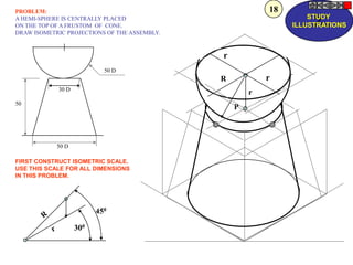 P
r
R
r
r
50 D
30 D
50 D
50
450
300
PROBLEM:
A HEMI-SPHERE IS CENTRALLY PLACED
ON THE TOP OF A FRUSTOM OF CONE.
DRAW ISOMETRIC PROJECTIONS OF THE ASSEMBLY.
FIRST CONSTRUCT ISOMETRIC SCALE.
USE THIS SCALE FOR ALL DIMENSIONS
IN THIS PROBLEM.
Z
STUDY
ILLUSTRATIONS
18
 