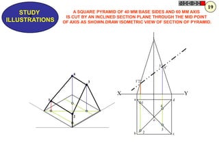 a
b c
d
1
2
3
4
o
1’
4’3’
2’
1
2
4
3
X Y
Z
STUDY
ILLUSTRATIONS
A SQUARE PYRAMID OF 40 MM BASE SIDES AND 60 MM AXIS
IS CUT BY AN INCLINED SECTION PLANE THROUGH THE MID POINT
OF AXIS AS SHOWN.DRAW ISOMETRIC VIEW OF SECTION OF PYRAMID.
19
 