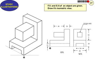 40 20
30 SQUARE
20
50
60
30
10
F.V.
S.V.
O
O
F.V. and S.V.of an object are given.
Draw it‟s isometric view.
Z
STUDY
ILLUSTRATIONS
27
 
