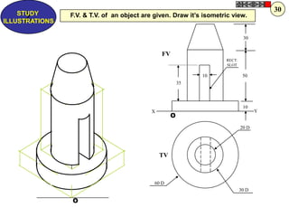 O
O
10
30
50
10
35
20 D
30 D
60 D
FV
TV
X Y
RECT.
SLOT
F.V. & T.V. of an object are given. Draw it‟s isometric view.Z
STUDY
ILLUSTRATIONS
30
 