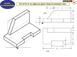 O
O
10
10
30
10
30
4020
80
30
F.V.
T.V.
X Y
F.V. & T.V. of an object are given. Draw it‟s isometric view.Z
STUDY
ILLUSTRATIONS
34
 