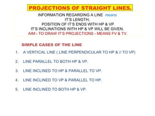 SIMPLE CASES OF THE LINE
1. A VERTICAL LINE ( LINE PERPENDICULAR TO HP & // TO VP)
2. LINE PARALLEL TO BOTH HP & VP.
3. LINE INCLINED TO HP & PARALLEL TO VP.
4. LINE INCLINED TO VP & PARALLEL TO HP.
5. LINE INCLINED TO BOTH HP & VP.
PROJECTIONS OF STRAIGHT LINES.
INFORMATION REGARDING A LINE means
IT’S LENGTH,
POSITION OF IT’S ENDS WITH HP & VP
IT’S INCLINATIONS WITH HP & VP WILL BE GIVEN.
AIM:- TO DRAW IT’S PROJECTIONS - MEANS FV & TV.
 