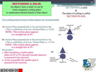SECTIONING A SOLID.
An object ( here a solid ) is cut by
some imaginary cutting plane
to understand internal details of that object.
The action of cutting is called
SECTIONING a solid
&
The plane of cutting is called
SECTION PLANE.
Two cutting actions means section planes are recommended.
A) Section Plane perpendicular to Vp and inclined to Hp.
( This is a definition of an Aux. Inclined Plane i.e. A.I.P.)
NOTE:- This section plane appears
as a straight line in FV.
B) Section Plane perpendicular to Hp and inclined to Vp.
( This is a definition of an Aux. Vertical Plane i.e. A.V.P.)
NOTE:- This section plane appears
as a straight line in TV.
Remember:-
1. After launching a section plane
either in FV or TV, the part towards observer
is assumed to be removed.
2. As far as possible the smaller part is
assumed to be removed.
OBSERVER
ASSUME
UPPER PART
REMOVED
OBSERVER
ASSUME
LOWER PART
REMOVED
(A)
(B)
19
 