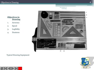Om institute of
technology
4Objectives in Drawing
Typical Drawing Equipment
Objectives in
Drawing
1. Accuracy
2. Speed
3. Legibility
4. Neatness
 