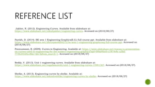 Jakher, N. (2012). Engineering Curves. Available from slideshare at:
https://www.slideshare.net/nileshjakher/engineering-curves. Accessed on (2018/08/27)
Parekh, D. (2014). BE sem 1 Engineering Graphics(E.G.) full course ppt. Available from slideshare at:
https://www.slideshare.net/dhruvparekh9275/be-sem-1-engineering-graphicseg-full-course-ppt. Accessed on
(2018/08/27).
Ponnuswami, R. (2009). Curves in Engineering. Available at: https://www.slideshare.net/reavan/a-presentation-
on-curves-used-in-engineering-for-the-subject-engineering-graphics?qid=90bd4bc8-e19f-4e8c-a36d-
773b35520cc8&v=&b=&from_search=1. Accessed on (2018/08/27)
Reddy, V. (2013). Unit 1 engineering curves. Available from slideshare at:
https://www.slideshare.net/vagallasuresh/unit-1-engineering-curves-15901367. Accessed on (2018/08/27).
Shelke, A. (2013). Engineering curves by shelke. Available at:
https://www.slideshare.net/ashishvshelke/engineering-curves-by-shelke. Accessed on (2018/08/27)
 