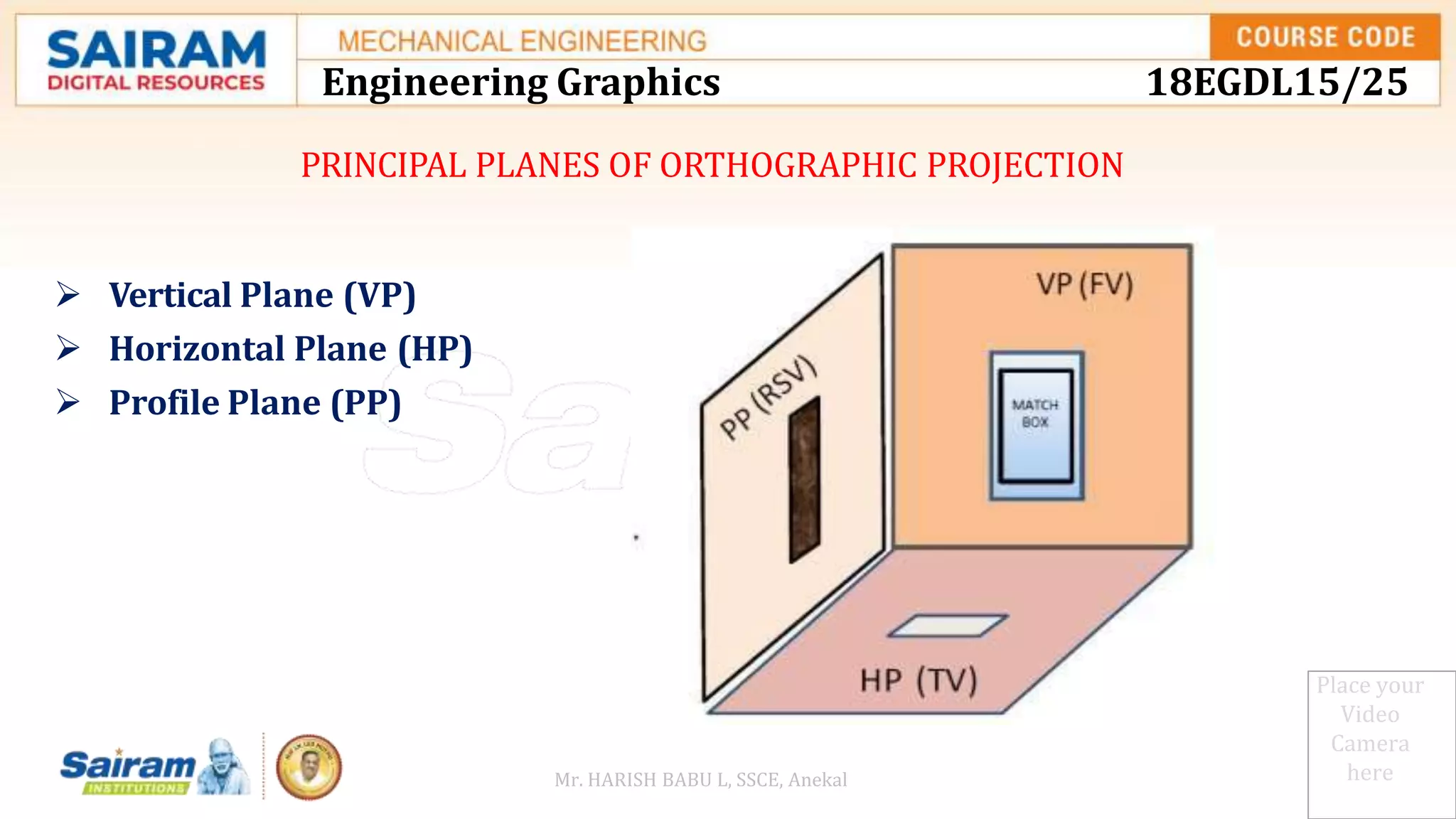 Place your
Video
Camera
here
PRINCIPAL PLANES OF ORTHOGRAPHIC PROJECTION
 Vertical Plane (VP)
 Horizontal Plane (HP)
 Profile Plane (PP)
Engineering Graphics 18EGDL15/25
Mr. HARISH BABU L, SSCE, Anekal
 
