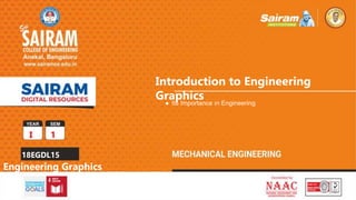 I 1
Introduction to Engineering
Graphics
18EGDL15
Engineering Graphics
● Its Importance in Engineering
 