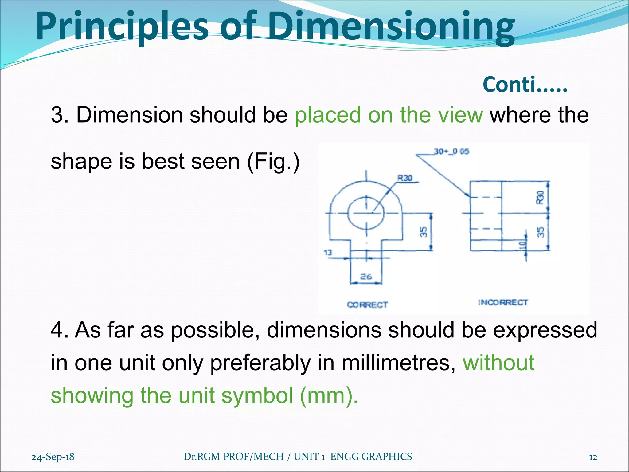 Principles of Dimensioning
Conti.....
3. Dimension should be placed on the view where the
shape is best seen (Fig.)
4. As far as possible, dimensions should be expressed
in one unit only preferably in millimetres, without
showing the unit symbol (mm).
24-Sep-18 Dr.RGM PROF/MECH / UNIT 1 ENGG GRAPHICS 12
 