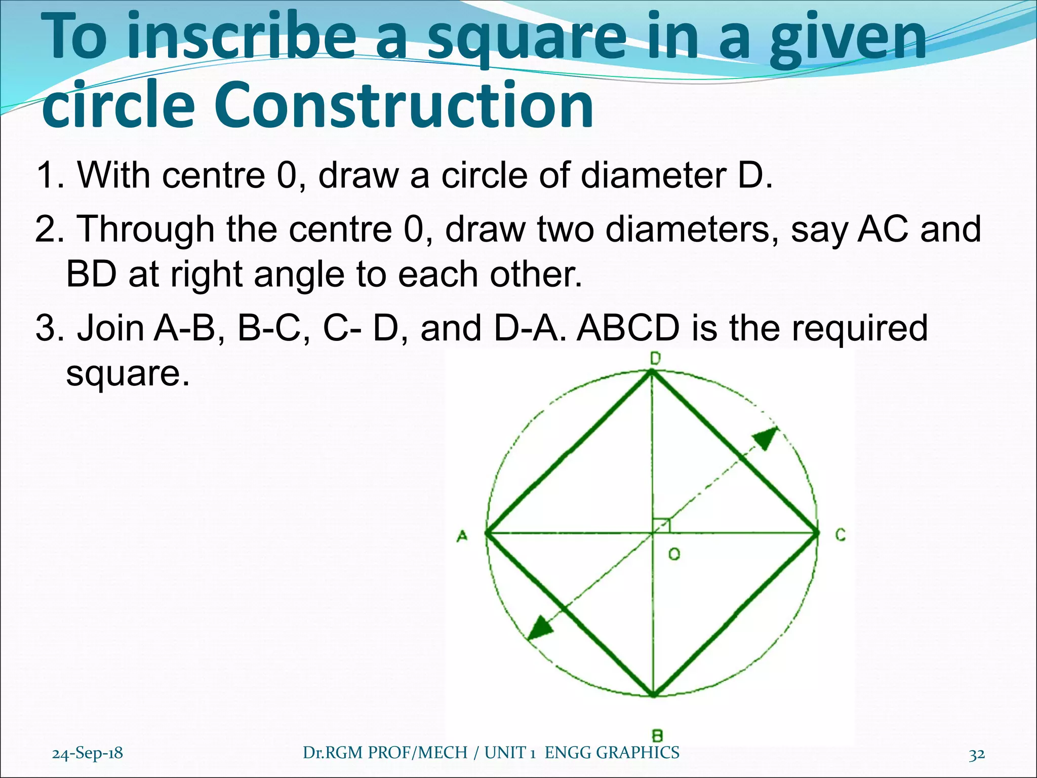 To inscribe a square in a given
circle Construction
1. With centre 0, draw a circle of diameter D.
2. Through the centre 0, draw two diameters, say AC and
BD at right angle to each other.
3. Join A-B, B-C, C- D, and D-A. ABCD is the required
square.
24-Sep-18 Dr.RGM PROF/MECH / UNIT 1 ENGG GRAPHICS 32
 