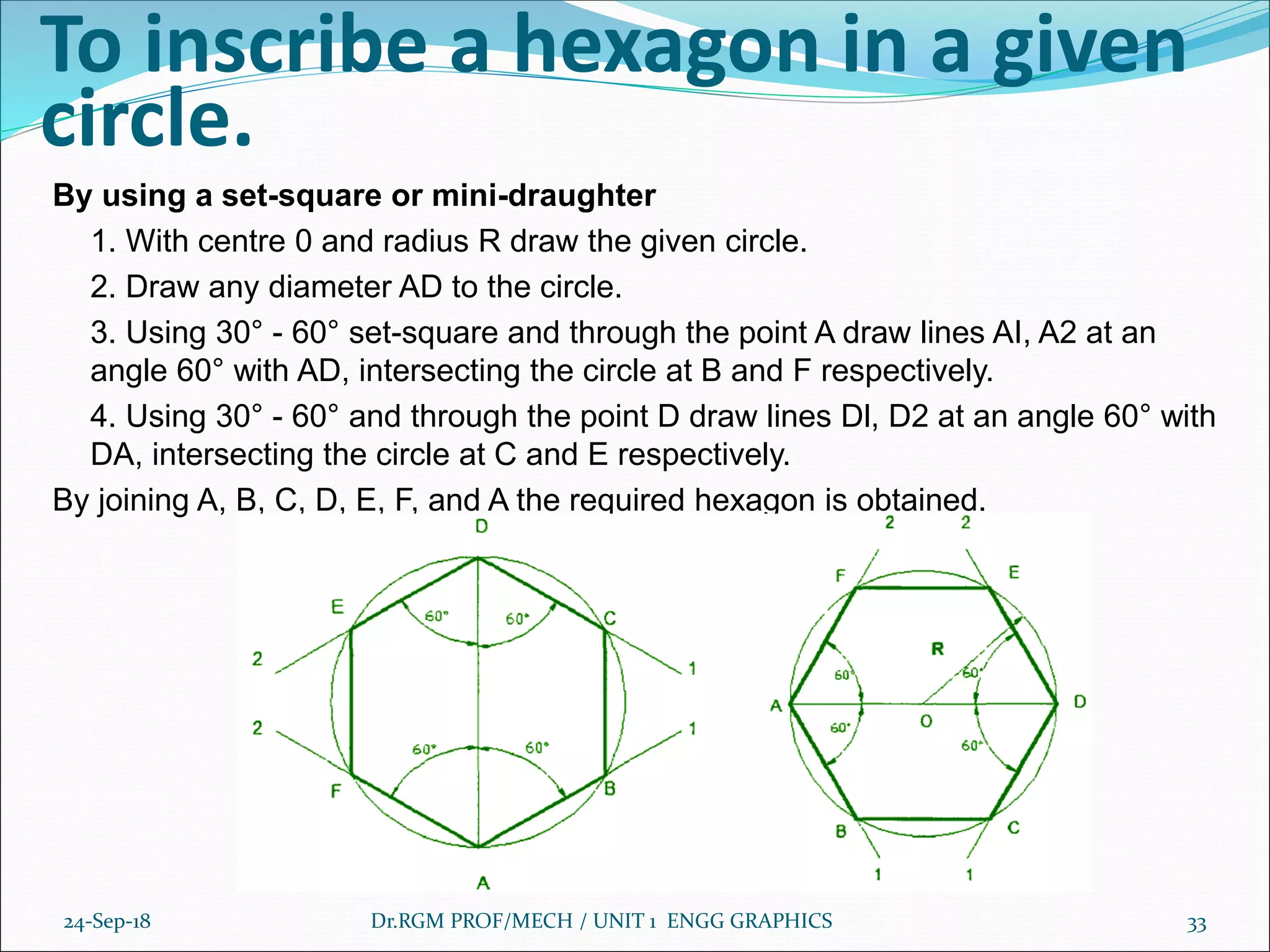 To inscribe a hexagon in a given
circle.
By using a set-square or mini-draughter
1. With centre 0 and radius R draw the given circle.
2. Draw any diameter AD to the circle.
3. Using 30° - 60° set-square and through the point A draw lines AI, A2 at an
angle 60° with AD, intersecting the circle at B and F respectively.
4. Using 30° - 60° and through the point D draw lines Dl, D2 at an angle 60° with
DA, intersecting the circle at C and E respectively.
By joining A, B, C, D, E, F, and A the required hexagon is obtained.
24-Sep-18 Dr.RGM PROF/MECH / UNIT 1 ENGG GRAPHICS 33
 