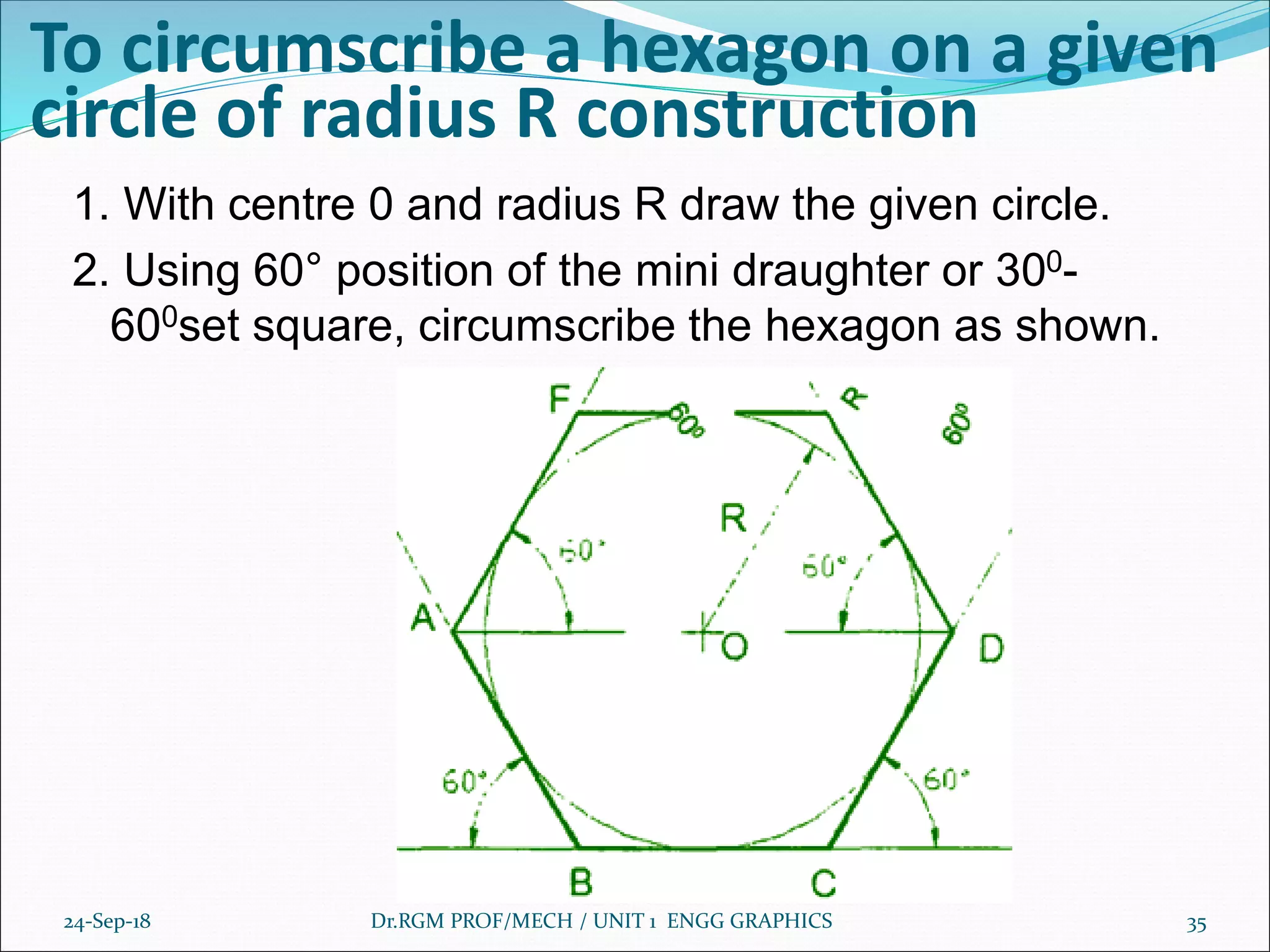 To circumscribe a hexagon on a given
circle of radius R construction
1. With centre 0 and radius R draw the given circle.
2. Using 60° position of the mini draughter or 300-
600set square, circumscribe the hexagon as shown.
24-Sep-18 Dr.RGM PROF/MECH / UNIT 1 ENGG GRAPHICS 35
 