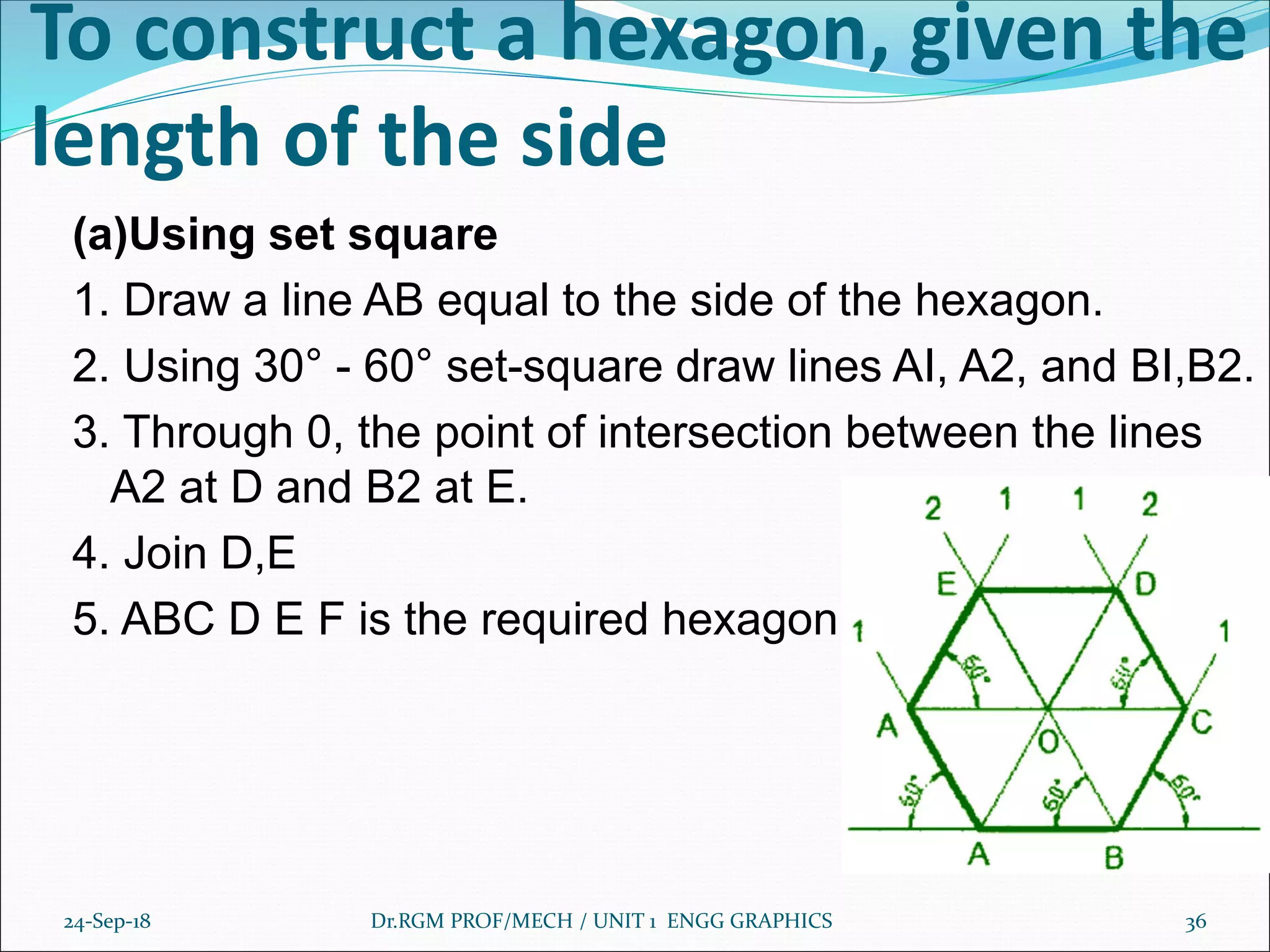 To construct a hexagon, given the
length of the side
(a)Using set square
1. Draw a line AB equal to the side of the hexagon.
2. Using 30° - 60° set-square draw lines AI, A2, and BI,B2.
3. Through 0, the point of intersection between the lines
A2 at D and B2 at E.
4. Join D,E
5. ABC D E F is the required hexagon.
24-Sep-18 Dr.RGM PROF/MECH / UNIT 1 ENGG GRAPHICS 36
 