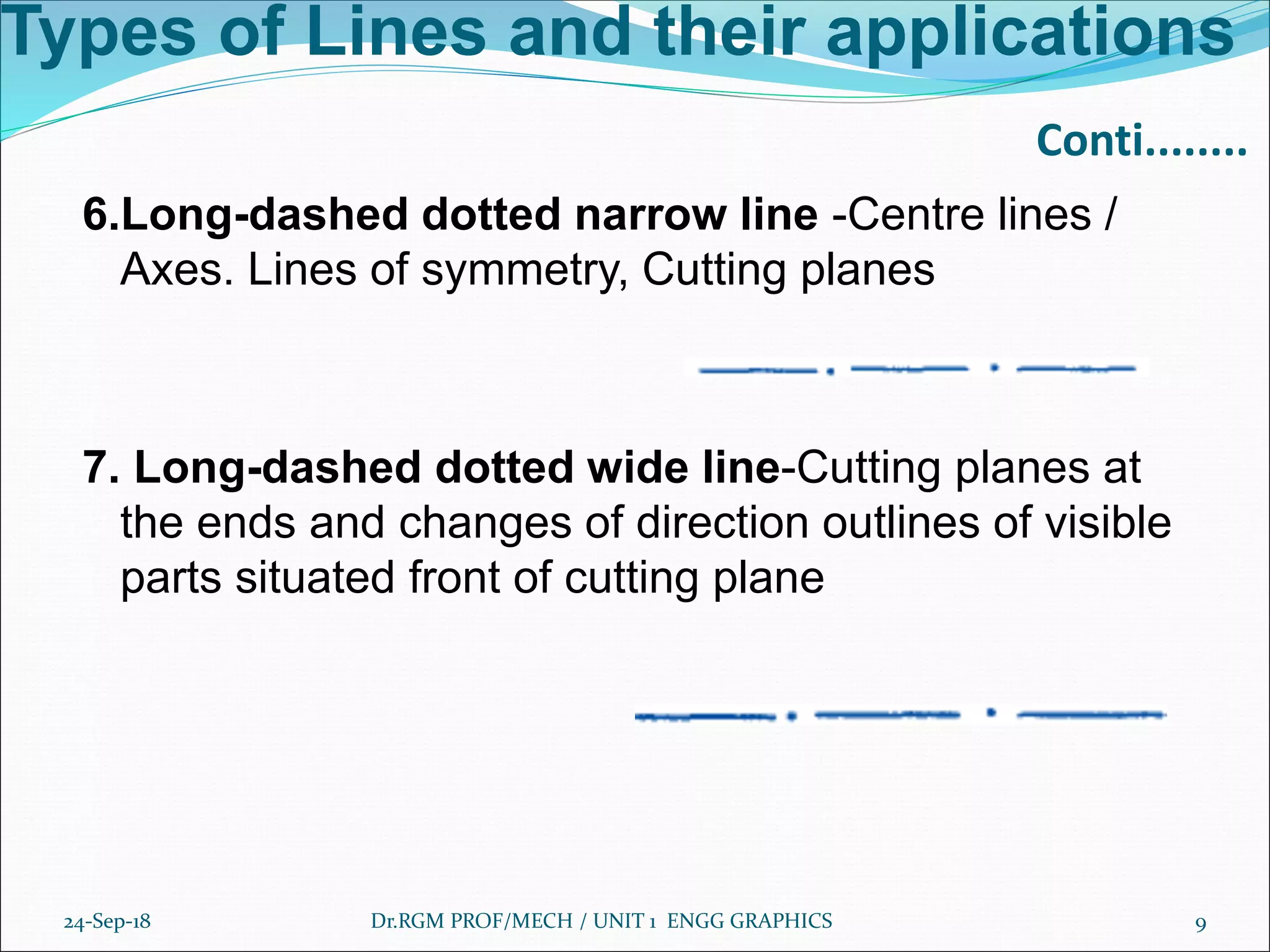 Types of Lines and their applications
Conti........
6.Long-dashed dotted narrow line -Centre lines /
Axes. Lines of symmetry, Cutting planes
7. Long-dashed dotted wide line-Cutting planes at
the ends and changes of direction outlines of visible
parts situated front of cutting plane
24-Sep-18 Dr.RGM PROF/MECH / UNIT 1 ENGG GRAPHICS 9
 