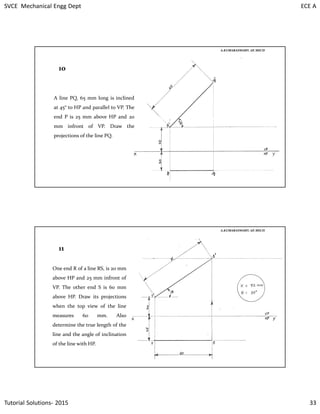 SVCE Mechanical Engg Dept ECE A
Tutorial Solutions- 2015 33
10
A line PQ, 65 mm long is inclined
at 45° to HP and parallel to VP. The
end P is 25 mm above HP and 20
mm infront of VP. Draw the
projections of the line PQ.
A.KUMARASWAMY. AP, MECH
11
One end R of a line RS, is 20 mm
above HP and 25 mm infront of
VP. The other end S is 60 mm
above HP. Draw its projections
when the top view of the line
measures 60 mm. Also
determine the true length of the
line and the angle of inclination
of the line with HP.
A.KUMARASWAMY. AP, MECH
 