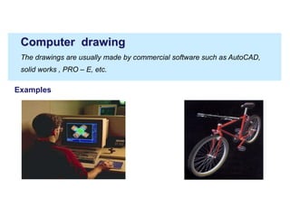 Computer drawing
The drawings are usually made by commercial software such as AutoCAD,
solid works , PRO – E, etc.
Examples
 