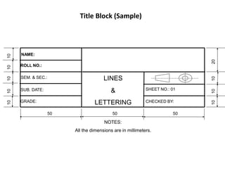 Title Block (Sample)
50 50 50
NOTES:
All the dimensions are in millimeters.
10
10
10
10
10
10
10
10
20
NAME:
ROLL NO.:
SEM. & SEC.: LINES
&
LETTERING
SUB. DATE: SHEET NO.: 01
CHECKED BY:
GRADE:
 