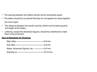 •
•
The spacing between two letters should not be necessarily equal.
The letters should be so placed that they do not appear too close together
too much apart.
The distance between the words must be uniform and at least equal to
the height of the letters.
•
• Lettering, except the dimension figures, should be underlined
them more prominent.
to make
Size of Alphabets for Drawing:
Main titles -----------------------------------------6-8 mm
Sub titles ------------------------------------------3-6 mm
Notes, dimension figures, etc. ---------------3-5 mm
Drawing no. --------------------------------------10-12 mm
 