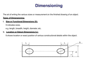 Dimensioning
The art of writing the various sizes or measurement on
Types of Dimensioning:
the finished drawing of an object.
i. Size or Functional Dimensions (S):
It indicates sizes.
e.g. length, breadth, height, diameter, etc.
Location or Datum Dimensions (L):
ii.
It shows location or exact position of various constructional details within the object.
S
L
S
L L
 