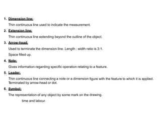 1. Dimension line:
Thin continuous line
Extension line:
used to indicate the measurement.
2.
Thin continuous line
Arrow-head:
extending beyond the outline of the object.
3.
Used to terminate the dimension line. Length : width ratio is 3:1.
Space filled up.
Note:
4.
Gives information regarding specific operation relating
Leader:
Thin continuous line connecting a note or a dimension
T
erminated by arrow-head or dot.
Symbol:
The representation of any object by some mark on the
to a feature.
5.
figure with the feature to which it is applied.
6.
drawing.
time and labour.
 