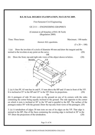 Engg Graphics Questions ENGINEERING GRAPHICS PREVIOUS YEAR QUESTIONS | PDF