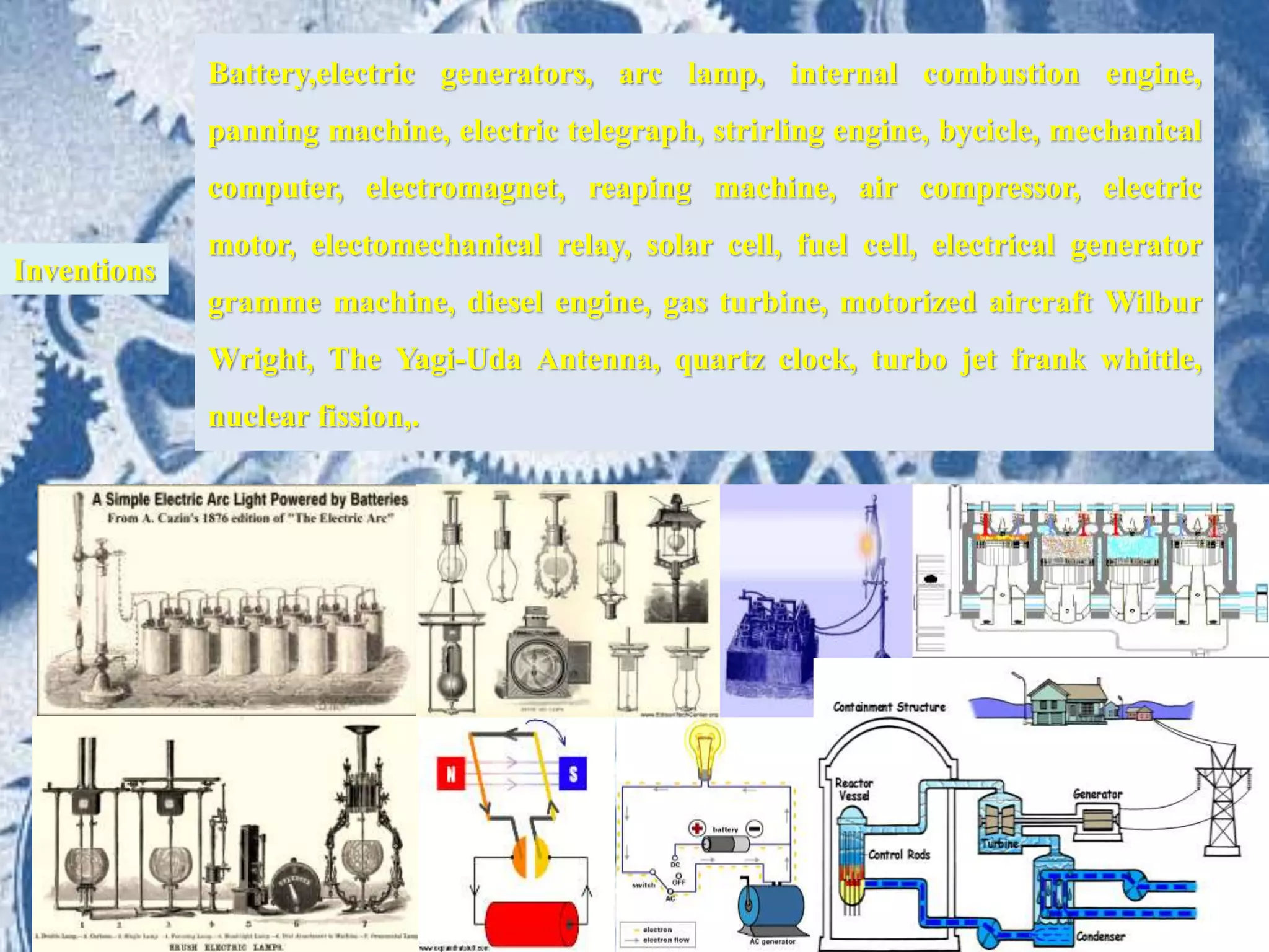 Battery,electric generators, arc lamp, internal combustion engine,
panning machine, electric telegraph, strirling engine, bycicle, mechanical
computer, electromagnet, reaping machine, air compressor, electric
motor, electomechanical relay, solar cell, fuel cell, electrical generator
gramme machine, diesel engine, gas turbine, motorized aircraft Wilbur
Wright, The Yagi-Uda Antenna, quartz clock, turbo jet frank whittle,
nuclear fission,.
Inventions
 