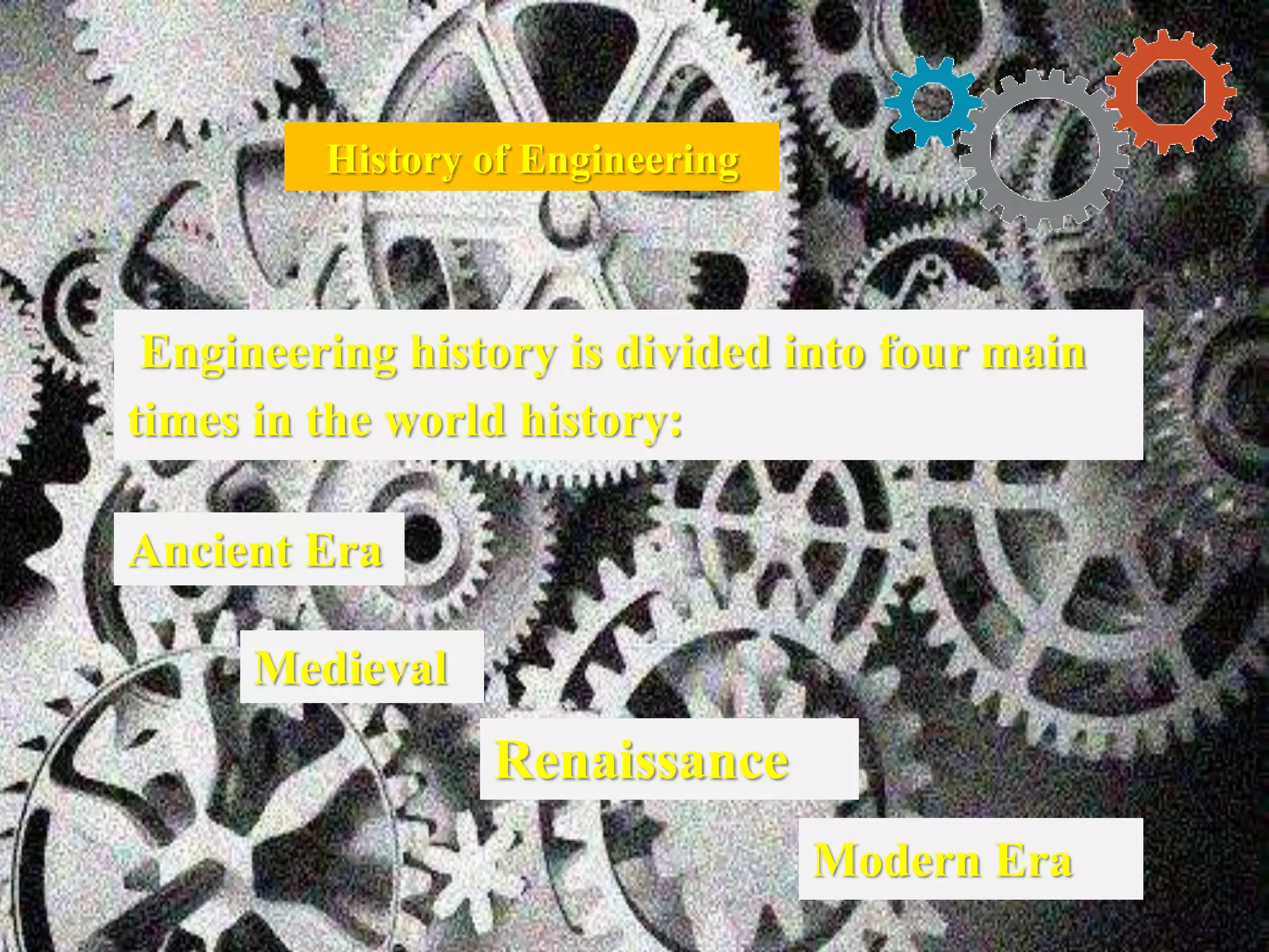 Engineering history is divided into four main
times in the world history:
History of Engineering
Ancient Era
Renaissance
Modern Era
Medieval
 