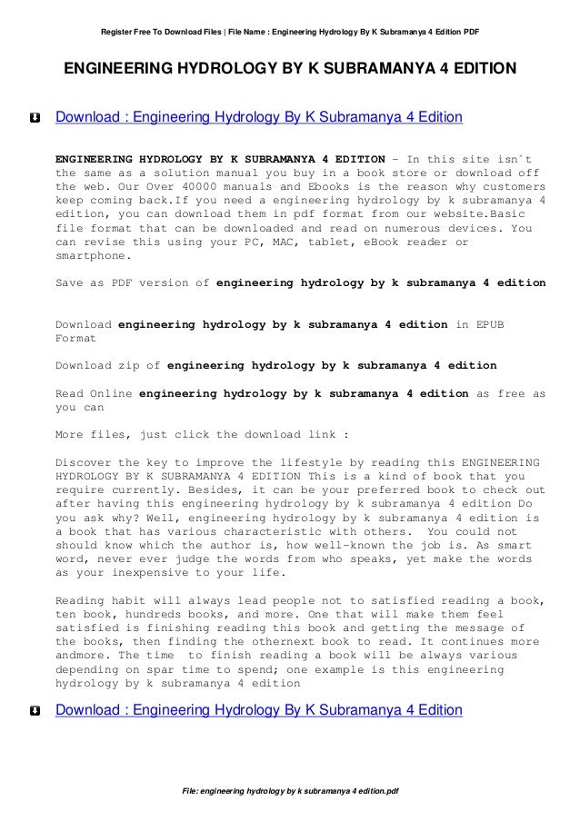 Engineering hydrology by k subramanya 4 edition