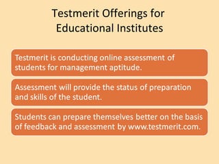 Testmerit Offerings for  Educational Institutes 