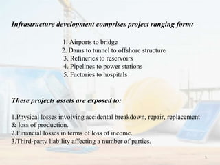 Infrastructure development comprises project ranging form:
1. Airports to bridge
2. Dams to tunnel to offshore structure
3. Refineries to reservoirs
4. Pipelines to power stations
5. Factories to hospitals
These projects assets are exposed to:
1.Physical losses involving accidental breakdown, repair, replacement
& loss of production.
2.Financial losses in terms of loss of income.
3.Third-party liability affecting a number of parties.
5
 