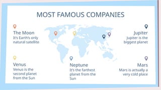 MOST FAMOUS COMPANIES
Jupiter is the
biggest planet
Jupiter
Mars is actually a
very cold place
Mars
It’s Earth’s only
natural satellite
The Moon
Venus is the
second planet
from the Sun
Venus
It’s the farthest
planet from the
Sun
Neptune
 