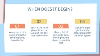 WHEN DOES IT BEGIN?
Venus has a nice
name and is the
second planet
from the Sun
Earth is the third
planet from the
Sun and the one
that harbors life
Mars is full of
iron oxide dust,
which gives the
planet its reddish
cast
Jupiter is a gas
giant and the
biggest planet in
the Solar System
01
02
03
04
 