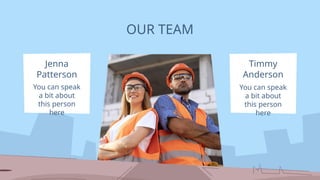 OUR TEAM
You can speak
a bit about
this person
here
Timmy
Anderson
You can speak
a bit about
this person
here
Jenna
Patterson
 