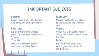 IMPORTANT SUBJECTS
It was named after the Roman
god of wealth and agriculture
Saturn
It's also the fourth-largest
object by diameter in the Solar
System
Neptune
The Sun is the star at the
center of the Solar System
The Sun
Mercury is the closest planet
to the Sun and the smallest
one
Mercury
Venus has a beautiful name
and is the second planet from
the Sun
Venus
It's full of iron oxide dust,
which gives the planet its
reddish cast
Mars
 