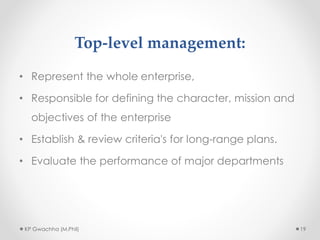 Top-level management:
• Represent the whole enterprise,
• Responsible for defining the character, mission and
objectives of the enterprise
• Establish & review criteria's for long-range plans.
• Evaluate the performance of major departments
KP Gwachha (M.Phil) 19
 