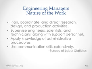Engineering Managers
Nature of the Work
• Plan, coordinate, and direct research,
design, and production activities.
• Supervise engineers, scientists, and
technicians, along with support personnel.
• Apply knowledge of administrative
procedures,
• Use communication skills extensively.
--Bureau of Labor Statistics
KP Gwachha (M.Phil) 30
 