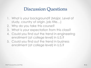 Discussion Questions
1. What is your background? (Major, Level of
study, country of origin, job title…)
2. Why do you take this course?
3. What is your expectation from this class?
4. Could you find out the trend in engineering
enrollment (at college level) in U.S.?
5. Could you find out the trend in business
enrollment (at college level) in U.S.?
KP Gwachha (M.Phil) 35
 