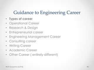 Guidance to Engineering Career
• Types of career
• Operational Career
• Research & Design
• Entrepreneurial career
• Engineering Management Career
• Consulting career
• Writing Career
• Academic Career
• Other Career ( entirely different)
5
KP Gwachha (M.Phil)
 
