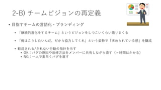 2-B) チームビジョンの再定義
• ⽬指すチームの⾔語化・ブランディング
• 「継続的進化をするチーム」というビジョンをしつこいくらい語りまくる
• 「俺はこうしたいんだ、だから協⼒してくれ」という姿勢で「求められている感」を醸成
• 歓迎される/されない⾏動の指針を⽰す
• OK：バグの原因や改修⽅法をメンバーに共有しながら直す（＝時間はかかる）
• NG：⼀⼈で素早くバグを直す
 